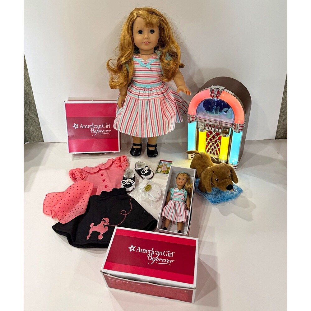 American Girl BeForever Julie 18" Doll Lot Outfit Shoes Book Dog Jukebox